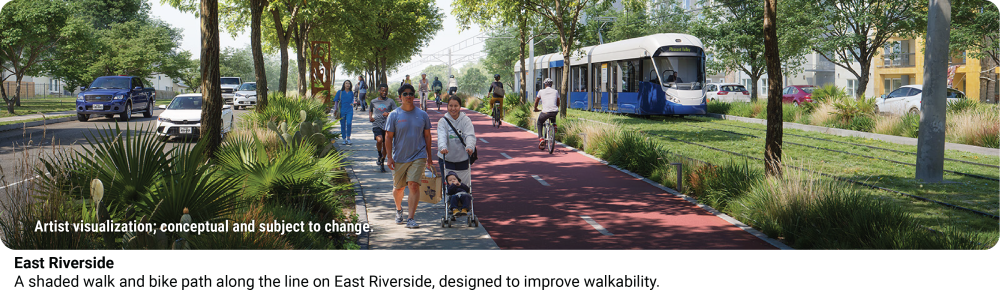 Artist rendering of a shaded walk and bike path along the line on East Riverside, designed to improve walkability.